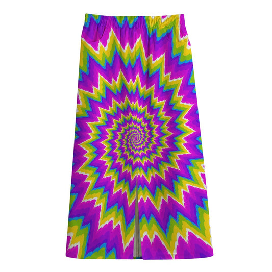 Abstract Spiral Moving Optical Illusion Cotton Front Slit Maxi Skirt