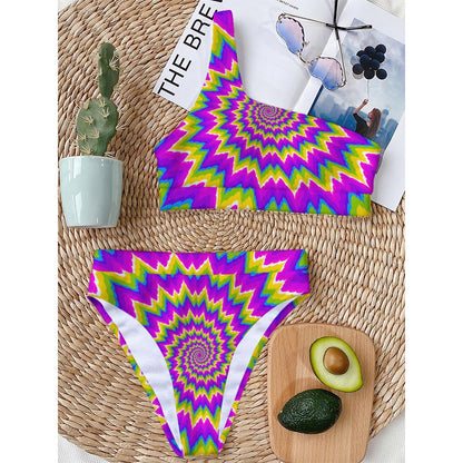 Abstract Spiral Moving Optical Illusion One Shoulder Bikini Top