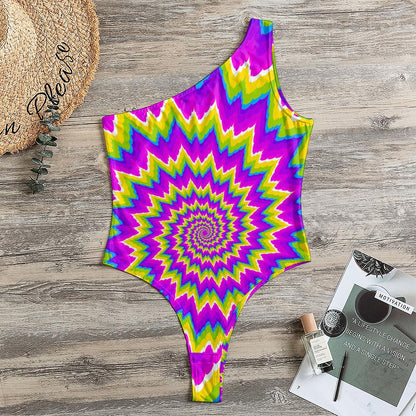 Abstract Spiral Moving Optical Illusion One Shoulder Bodysuit