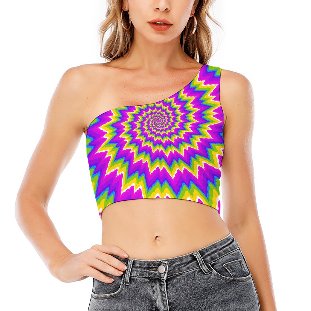 Abstract Spiral Moving Optical Illusion One Shoulder Crop Top