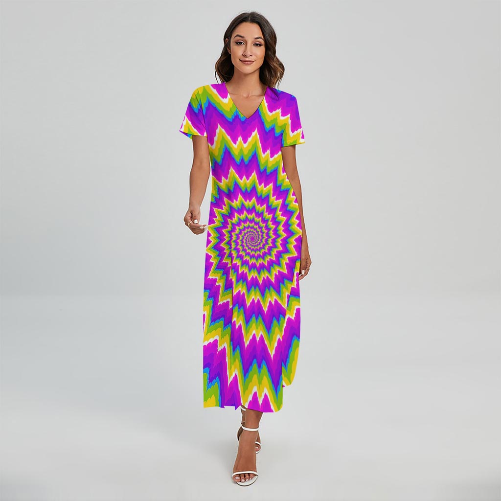 Abstract Spiral Moving Optical Illusion Short Sleeve Maxi Dress