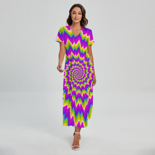 Abstract Spiral Moving Optical Illusion Short Sleeve Maxi Dress