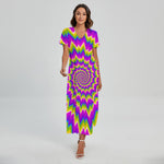 Abstract Spiral Moving Optical Illusion Short Sleeve Maxi Dress