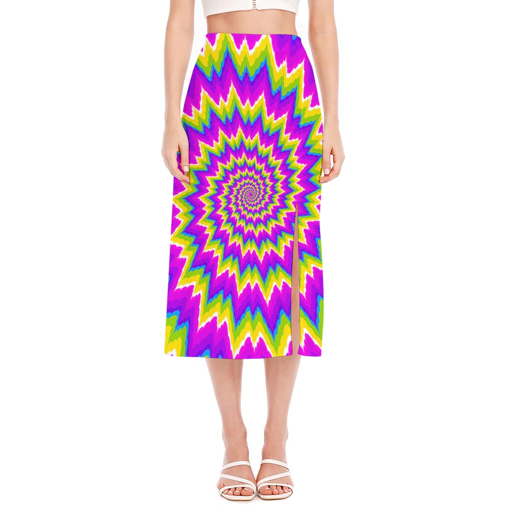 Abstract Spiral Moving Optical Illusion Side Slit Midi Skirt