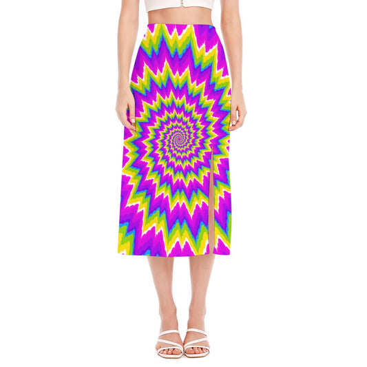 Abstract Spiral Moving Optical Illusion Side Slit Midi Skirt