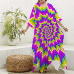 Abstract Spiral Moving Optical Illusion Silk V-Neck Kaftan Dress