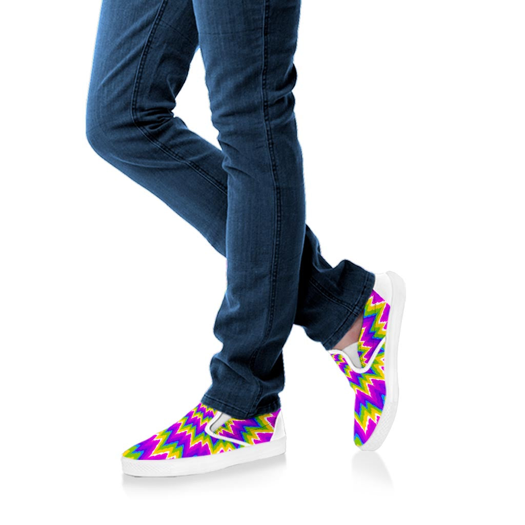 Abstract Spiral Moving Optical Illusion White Slip On Sneakers