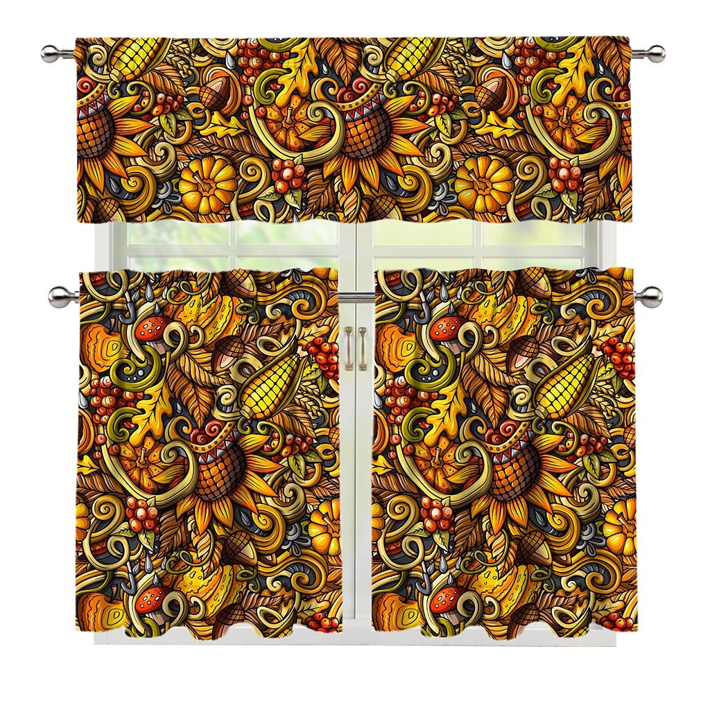 Abstract Sunflower Pattern Print 3 Piece Kitchen Curtains