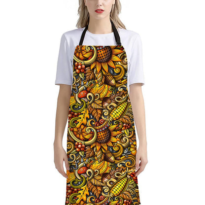 Abstract Sunflower Pattern Print Bib Apron With Pocket