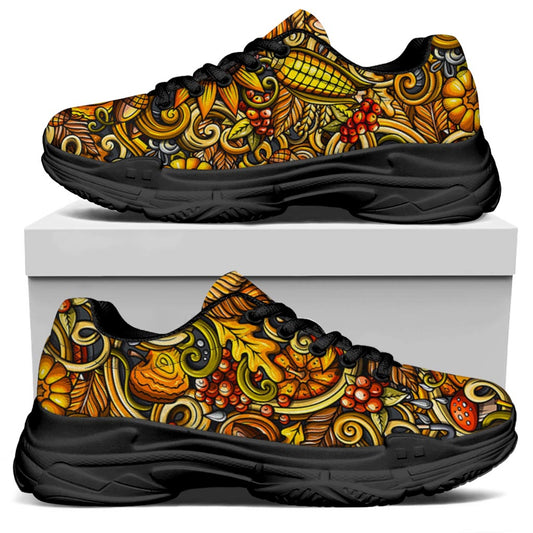 Abstract Sunflower Pattern Print Black Chunky Shoes