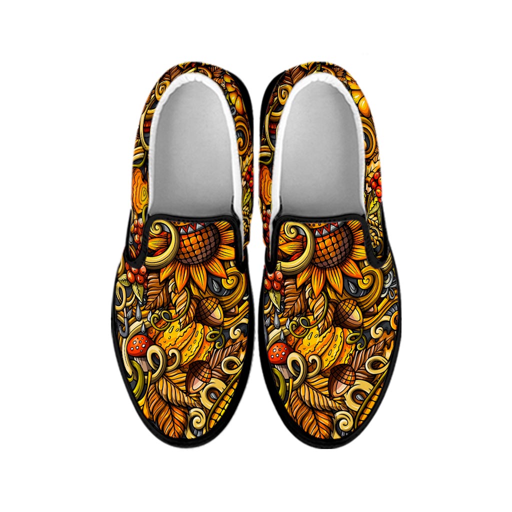 Abstract Sunflower Pattern Print Black Slip On Sneakers