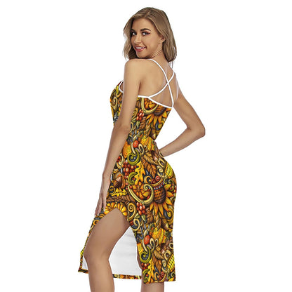 Abstract Sunflower Pattern Print Cross Back Cami Dress