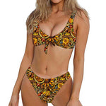 Abstract Sunflower Pattern Print Front Bow Tie Bikini
