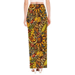 Abstract Sunflower Pattern Print High Slit Maxi Skirt