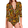 Abstract Sunflower Pattern Print Long Sleeve Swimsuit