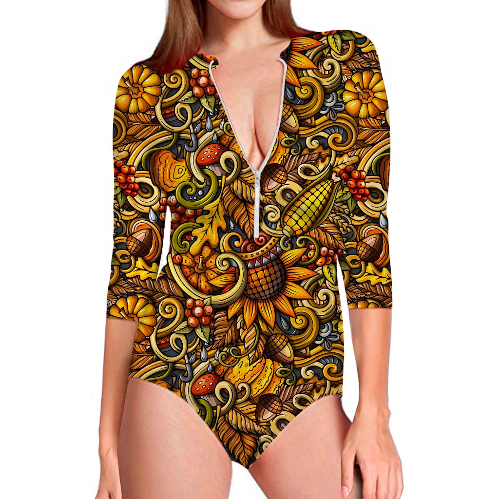 Abstract Sunflower Pattern Print Long Sleeve Swimsuit