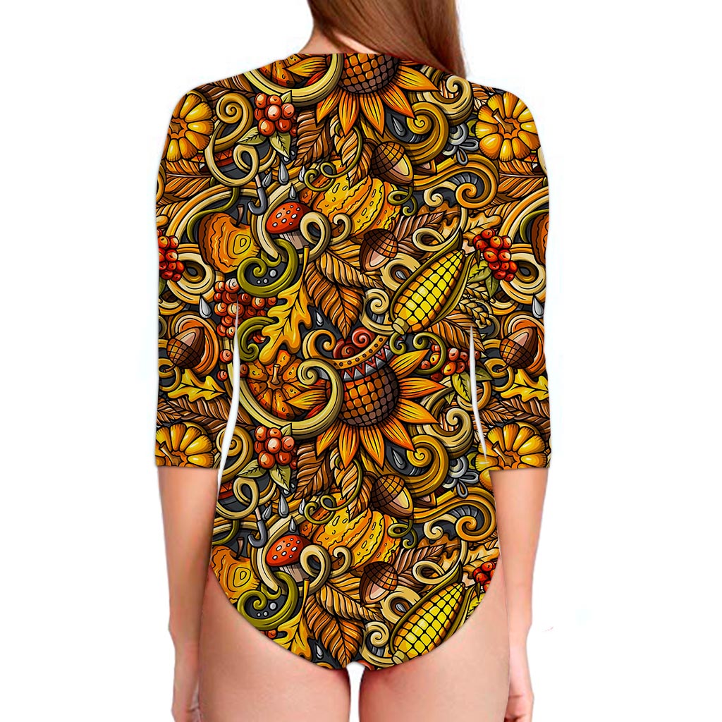 Abstract Sunflower Pattern Print Long Sleeve Swimsuit
