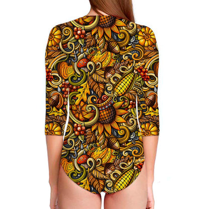 Abstract Sunflower Pattern Print Long Sleeve Swimsuit