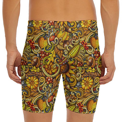 Abstract Sunflower Pattern Print Men's Long Boxer Briefs