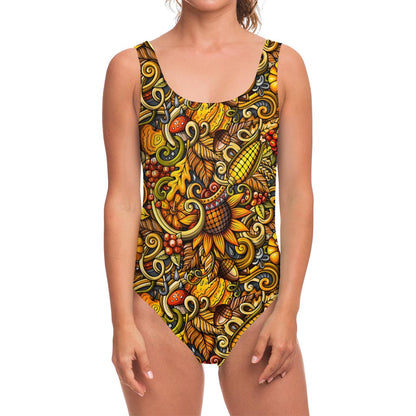 Abstract Sunflower Pattern Print One Piece Swimsuit