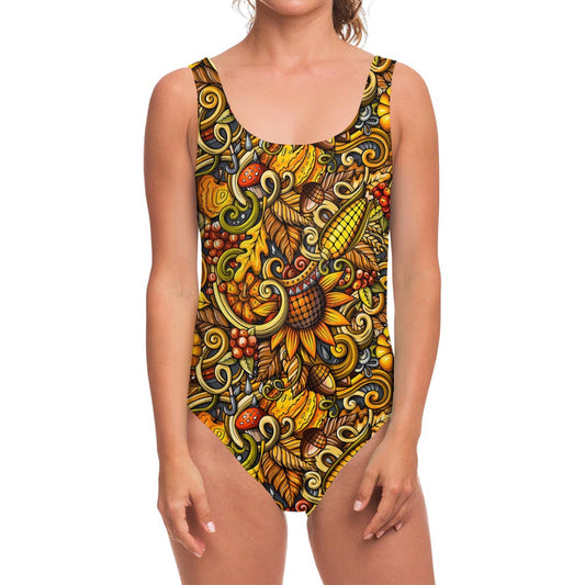 Abstract Sunflower Pattern Print One Piece Swimsuit