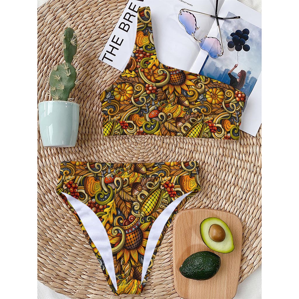 Abstract Sunflower Pattern Print One Shoulder Bikini Top