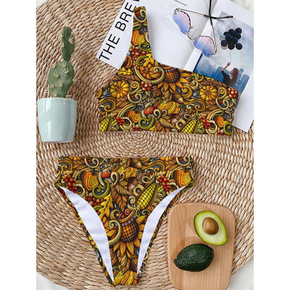 Abstract Sunflower Pattern Print One Shoulder Bikini Top