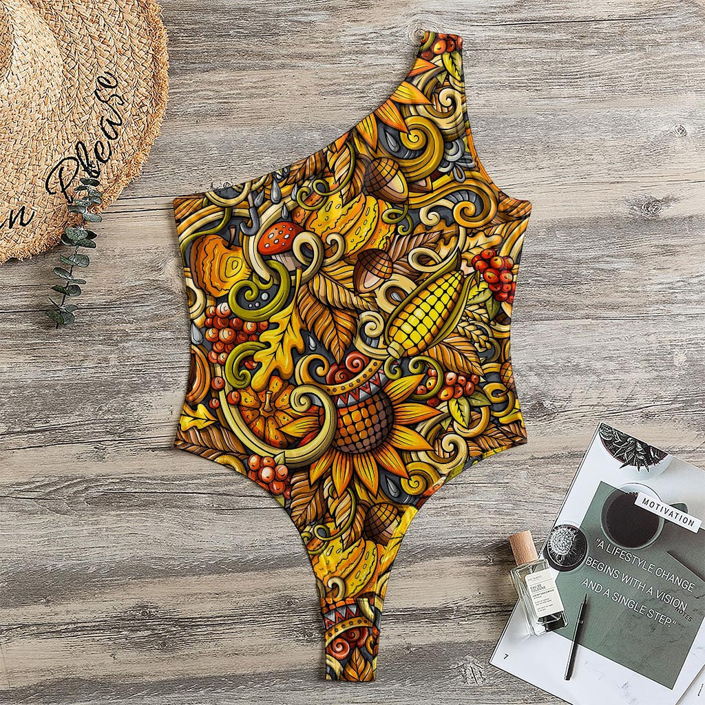 Abstract Sunflower Pattern Print One Shoulder Bodysuit