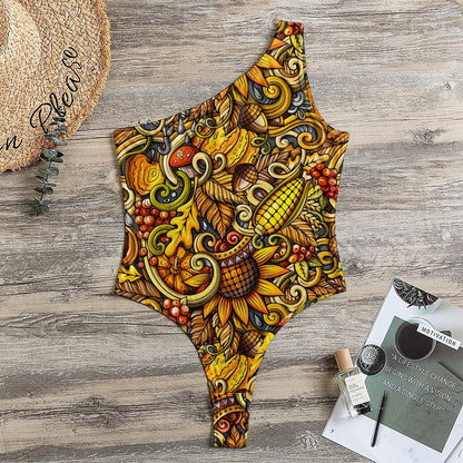 Abstract Sunflower Pattern Print One Shoulder Bodysuit