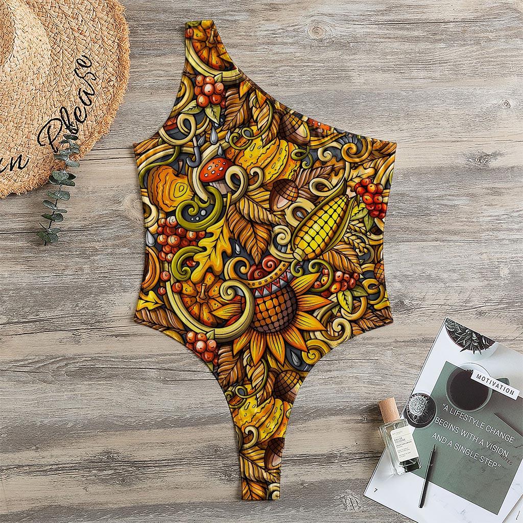 Abstract Sunflower Pattern Print One Shoulder Bodysuit