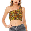 Abstract Sunflower Pattern Print One Shoulder Crop Top