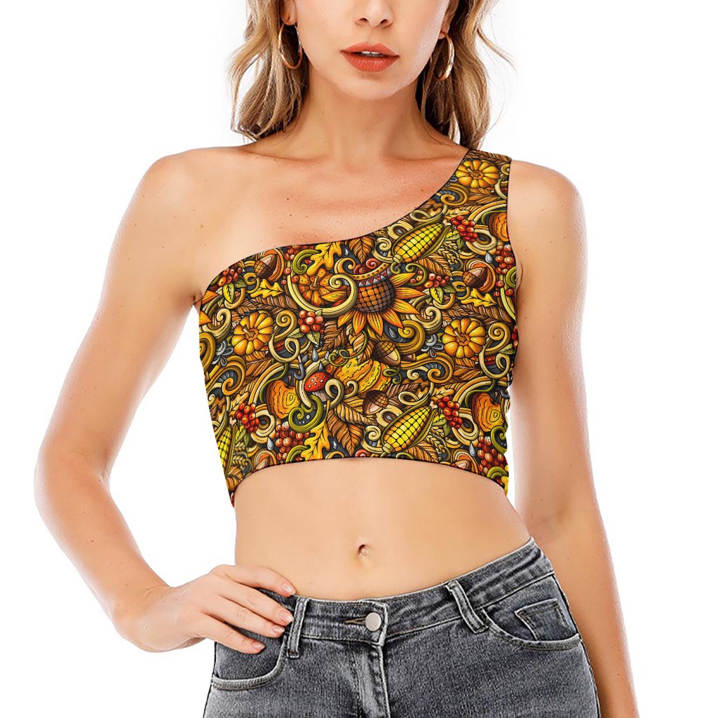 Abstract Sunflower Pattern Print One Shoulder Crop Top