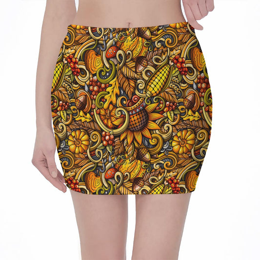 Abstract Sunflower Pattern Print Pencil Mini Skirt