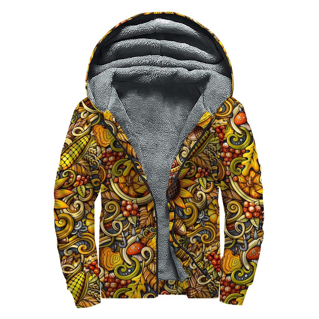 Abstract Sunflower Pattern Print Sherpa Lined Zip Up Hoodie