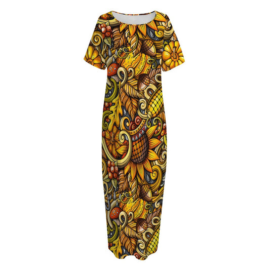Abstract Sunflower Pattern Print Short Sleeve Long Nightdress