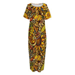 Abstract Sunflower Pattern Print Short Sleeve Long Nightdress