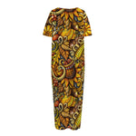 Abstract Sunflower Pattern Print Short Sleeve Long Nightdress