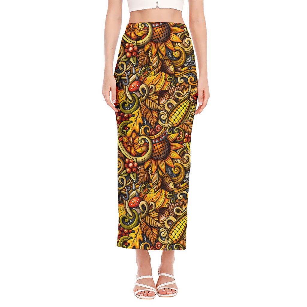 Abstract Sunflower Pattern Print Side Slit Maxi Skirt