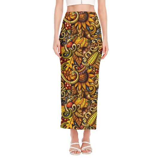 Abstract Sunflower Pattern Print Side Slit Maxi Skirt