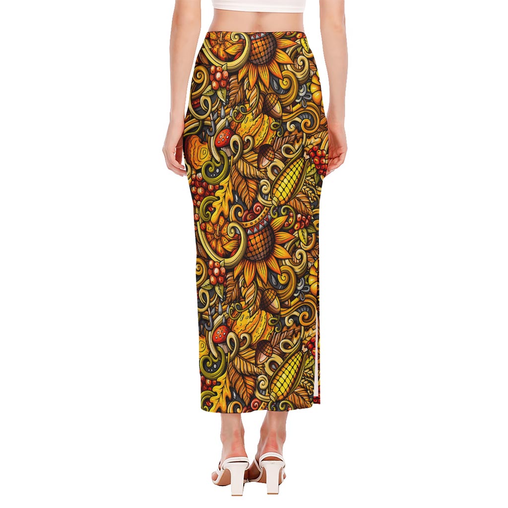 Abstract Sunflower Pattern Print Side Slit Maxi Skirt