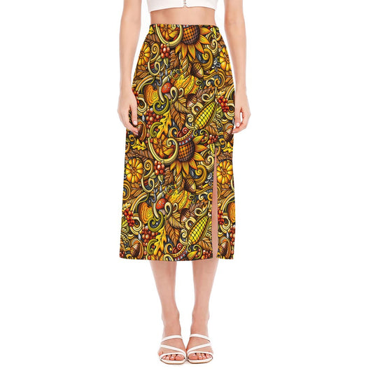Abstract Sunflower Pattern Print Side Slit Midi Skirt