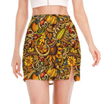 Abstract Sunflower Pattern Print Side Slit Mini Skirt