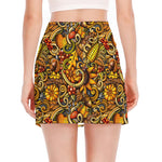 Abstract Sunflower Pattern Print Side Slit Mini Skirt