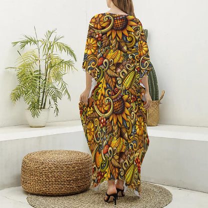 Abstract Sunflower Pattern Print Silk V-Neck Kaftan Dress