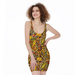 Abstract Sunflower Pattern Print Sleeveless Bodycon Dress