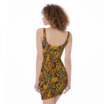 Abstract Sunflower Pattern Print Sleeveless Bodycon Dress