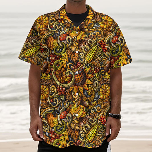 Abstract Sunflower Pattern Print Textured Short Sleeve Shirt