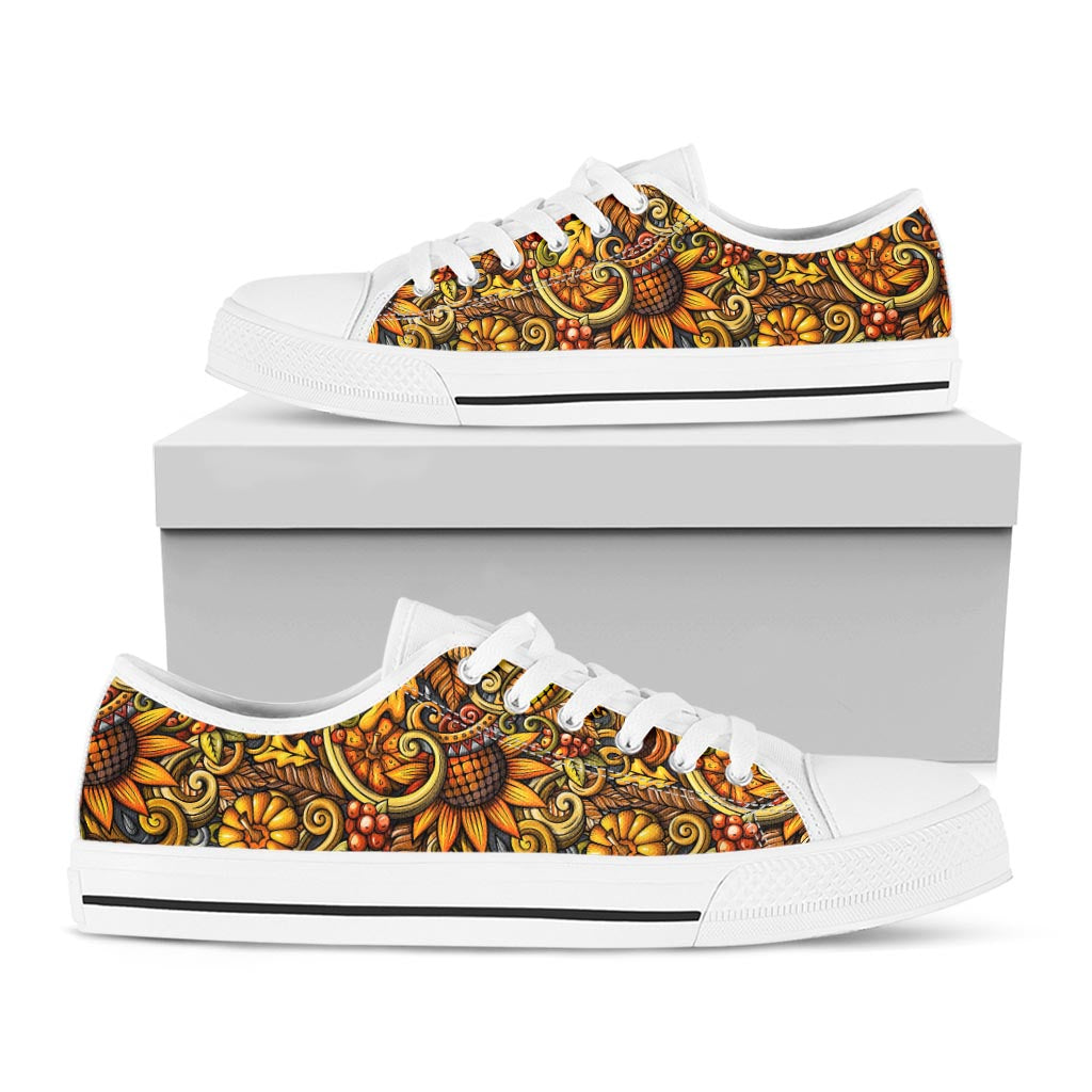 Abstract Sunflower Pattern Print White Low Top Sneakers