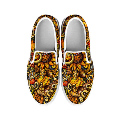 Abstract Sunflower Pattern Print White Slip On Sneakers