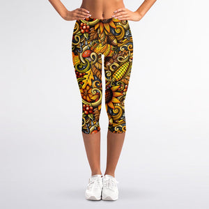 Abstract Sunflower Pattern Print Women's Capri Leggings